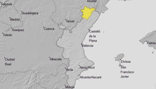 Mapa con el aviso amarillo por lluvias activado este sábado 13 de septiembre en la Comunidad Valenciana.