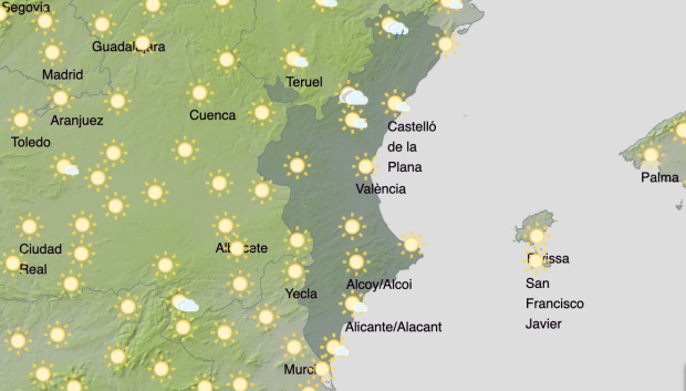 Mapa con la previsión de lluvias para este lunes 15 de septiembre en la Comunidad Valenciana.