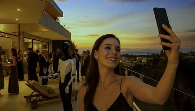 Recreación de un robot humanoide sirviendo a los invitados en una villa marbellí