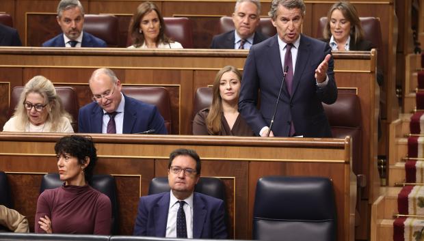 El presidente del Partido Popular, Alberto Núñez Feijóo, interviene durante una sesión de control al Gobierno