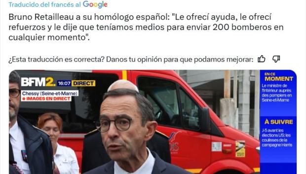El entonces ministro de Interior francés, Bruno Retailleau, explicó que España había agradecido a Francia su ofrecimiento de ayuda