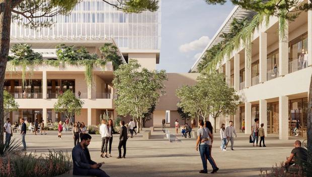 Ilustración del paseo junto al edificio en el puerto