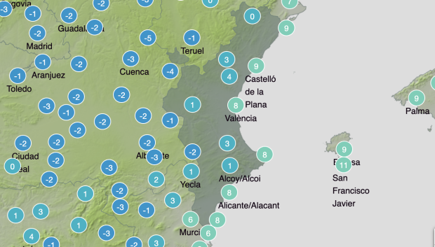 Mapa con las temperaturas mínimas previstas para este sábado 22 de noviembre en la Comunidad Valenciana.