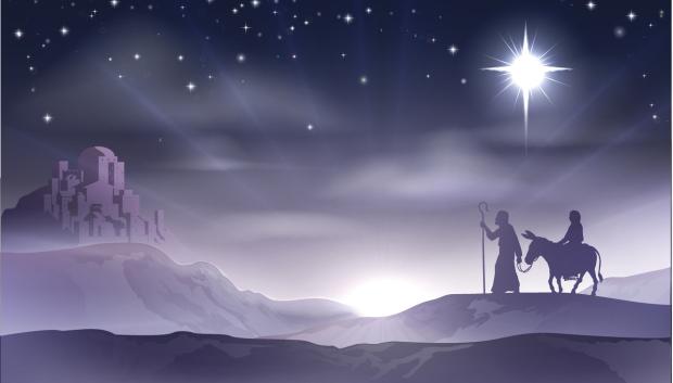 Ilustración de María y José en su viaje con la ciudad de Belén al fondo.