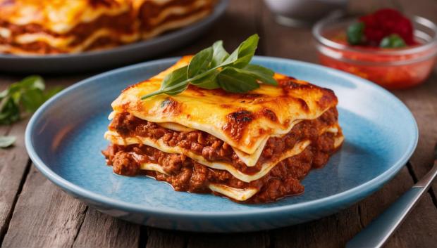 Lasaña casera con guarnición de albahaca fresca.