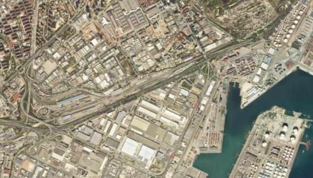 Vista de satélite de la Ronda Litoral a su paso por la Zona Franca