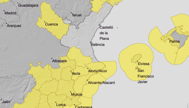 Mapa con los avisos previstos por Aemet para el jueves 22 de enero en la Comunidad Valenciana.