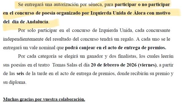 Fragmento del documento del concurso que promociona IU en colegios de Álora