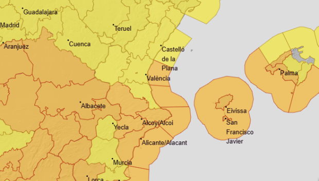 Mapa con los avisos de Aemet por la borrasca Kristin en la Comunidad Valenciana este miércoles 28 de enero.