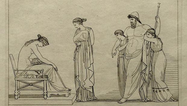 Hefesto, sostenido éste por dos autómatas de oro