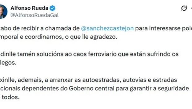 Imagen del mensaje publicado por el presidente de la Xunta, Alfonso Rueda, en su perfil de la red social 'X'

CAPTURA EUROPA PRESS
10/2/2026