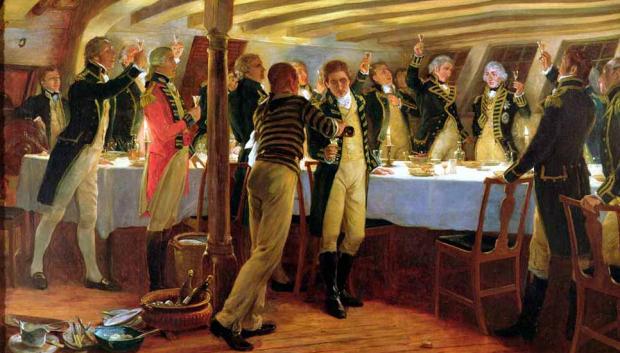 Vicealmirante Nelson brindando por la victoria con sus compañeros oficiales la noche antes de la Batalla de Copenhague