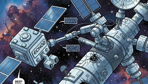 Recreación pictórica de modelos robóticos en órbita