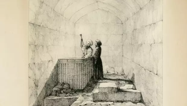 Sarcófago de Micerino (también conocido como Menkaura) dentro de su cámara funeraria en la pirámide de Guiza