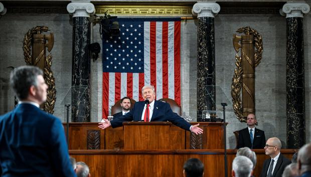 US President Donald Trump delivers the State of the Union address to a joint session of Congress in the House Chamber at the US Capitol in Washington, DC, on February 24, 2026. (Photo by Jessica Koscielniak / POOL / AFP)