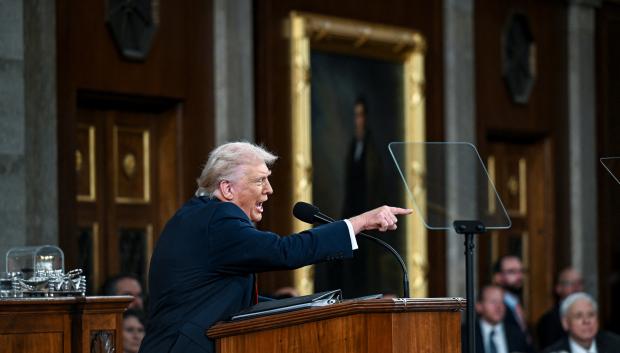 US President Donald Trump delivers the first State of the Union address of his second term to a joint session of Congress in the House Chamber of the United States Capitol in Washington, DC, on February 24, 2026. (Photo by Kenny HOLSTON / POOL / AFP)