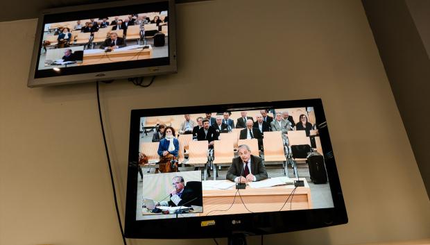 Pantallas en la sala de prensa de la Audiencia Nacional, este lunes