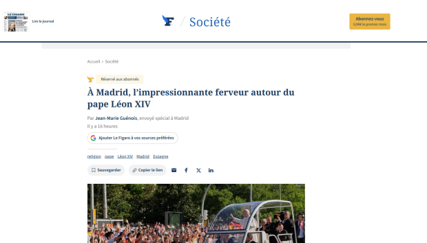 Noticia sobre la visita del Papa a Madrid en Le Figaro