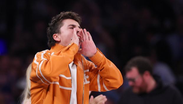 NEW YORK, NEW YORK - JUNE 08: Timothée Chalamet reacts during the second quarter of a game between the San Antonio Spurs and the New York Knicks in Game Three of the 2026 NBA Finals at Madison Square Garden on June 08, 2026 in New York City. NOTE TO USER: User expressly acknowledges and agrees that, by downloading and or using this photograph, User is consenting to the terms and conditions of the Getty Images License Agreement.   Al Bello/Getty Images/AFP (Photo by AL BELLO / GETTY IMAGES NORTH AMERICA / Getty Images via AFP)