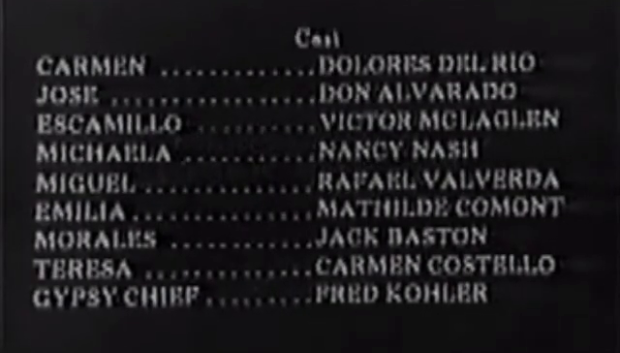Reparto de Los amores de Carmen. Nótese la errata en el nombre de Valverde