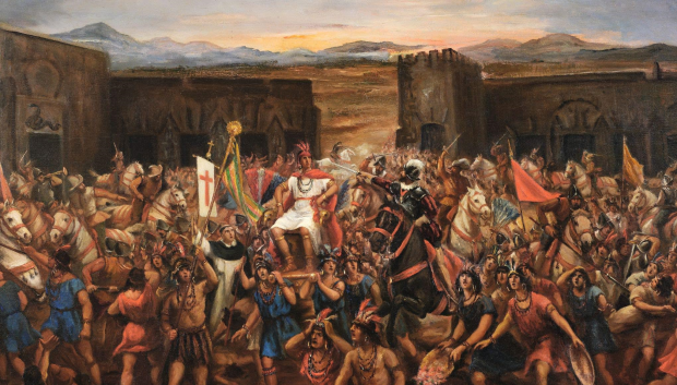 Óleo de Juan Lepiani que representa la captura de Atahualpa en Cajamarca
