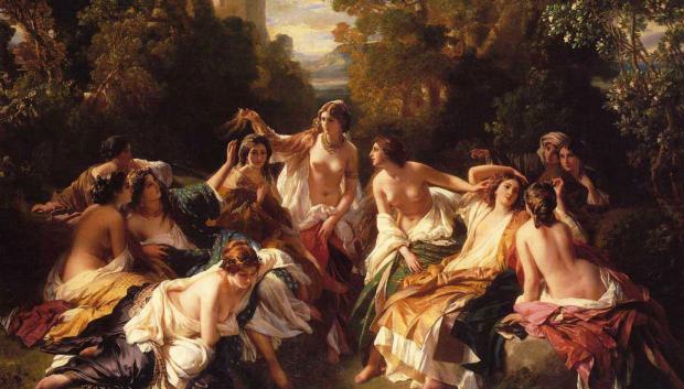 El rey Don Rodrigo espiando desde los arbustos de la izquierda a Florinda la Cava bañándose, hija del conde Don Julián. Pintura Florinda (1853) por Franz Xaver Winterhalter