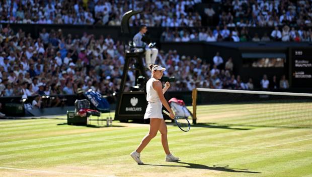 Czech Republic's Linda Noskova celebrates against Czech Republic's Karolina Muchova during their women's singles final tennis match on the thirteenth day of the 2026 Wimbledon Championships at The All England Lawn Tennis and Croquet Club in Wimbledon, southwest London, on July 11, 2026. (Photo by Kirill KUDRYAVTSEV / AFP) / RESTRICTED TO EDITORIAL USE
