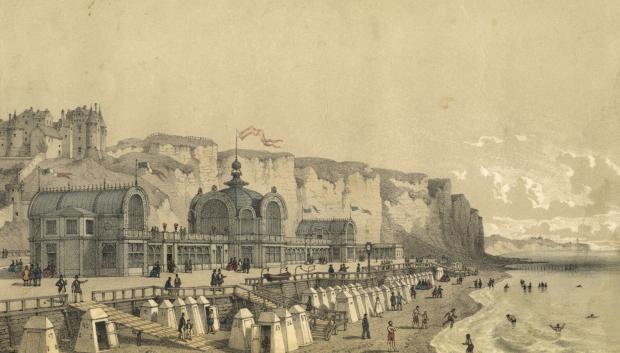 Litografía de 1859 que muestra el "Établissement des bains de mer" (Establecimiento de baños de mar) en Dieppe, Francia