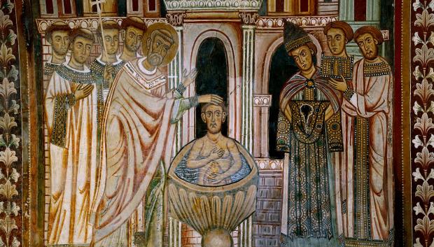 Fresco con el bautismo de Constantino por parte de San Silvestre