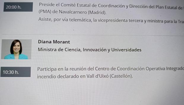 Imagen de la agenda oficial de Diana Morant publicada por La Moncloa