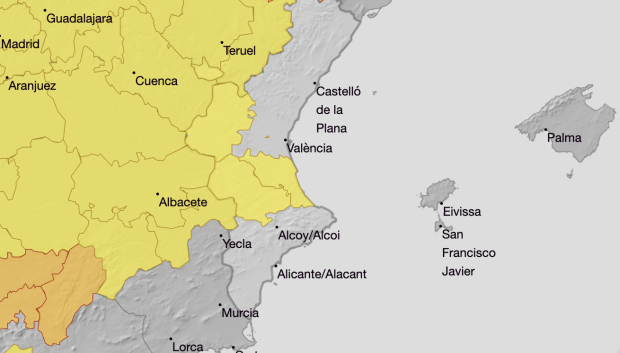 Mapa con el aviso amarillo por altas temperaturas en Valencia previsto para el miércoles 29 de julio.