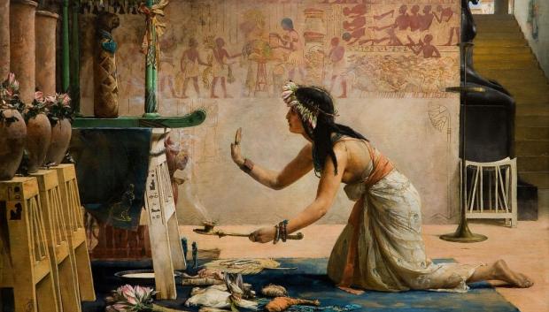 Regalos de un gato egipcio. Obra de John Reinhard Weguelin
