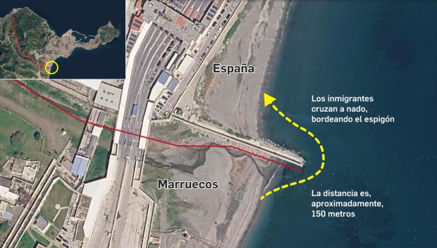 Imagen del espigón vulnerable de Ceuta