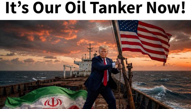 Imagen creada con IA en la que el presidente Trump reivindica para EE.UU. un petrolero iraní