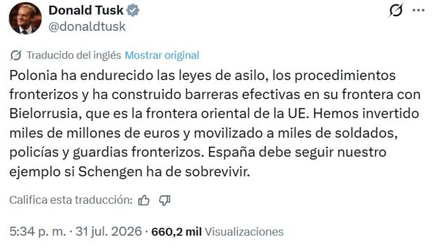 Tuit del primer ministro polaco Donald Tusk sobre la crisis de Ceuta