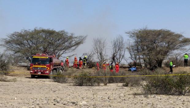 Integrantes la Policía de Perú operan en la zona donde se ha estrellado la avioneta
