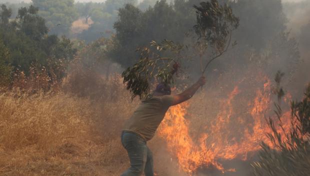 Un voluntario combate un incendio forestal en los alrededores de Mégara, en la región de Ática (Grecia)