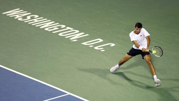 WASHINGTON, DC - AUGUST 01: Rafael Jodar of Spain returns a shot during a men's singles match against Alejandro Tabilo of Chile on day six of the Mubadala DC Open 2026 at William H.G. FitzGerald Tennis Center on August 01, 2026 in Washington, DC.   Emilee Chinn/Getty Images/AFP (Photo by Emilee Chinn / GETTY IMAGES NORTH AMERICA / Getty Images via AFP)
