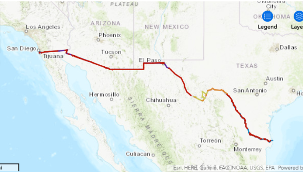 Mapa del muro fronterizo entre Estados Unidos y México