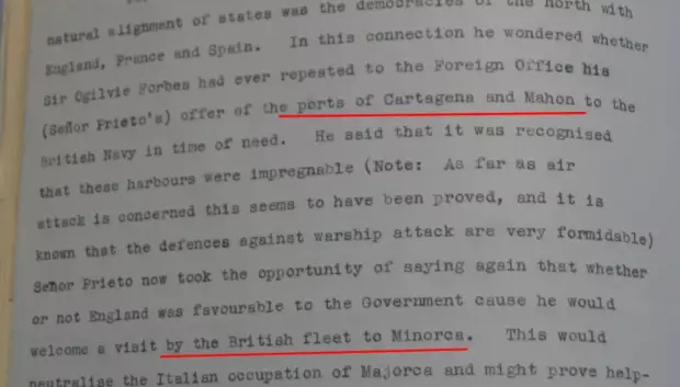 El informe que revela la oferta de Prieto de ceder los puertos de Maó y Cartagena a Reino Unido. 1 de marzo de 1938. Foreign Office 371-W2870.jpg