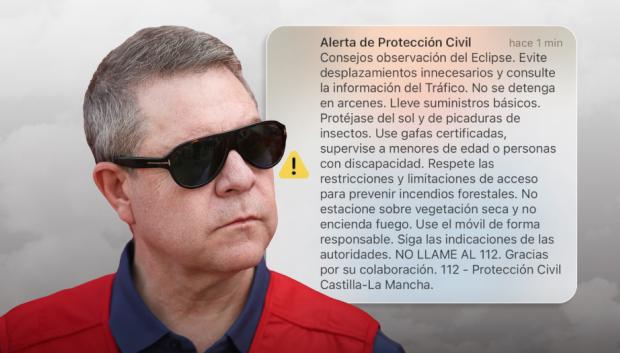 Montaje del presidente de Castilla-La Mancha Emiliano García-Page con el ES-Alert por el eclipse
