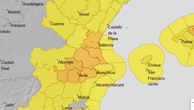 Mapa con los avisos por lluvias, tormentas, calor y fenómenos costeros para este jueves 20 de agosto en la Comunidad Valenciana.