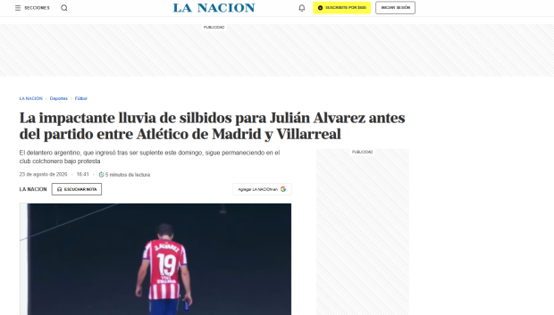 La Nación destaca la "impactante" pitada a Julián Álvarez en el Metropolitano