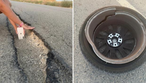 Así terminó la llanta del vehículo al pasar sobre el socavón