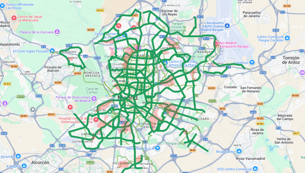 Mapa de la "Red Verde" propuesta por Más Madrid