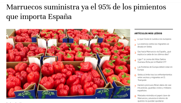 Imagen del periódico marroquí que alude a las importaciones de pimientos