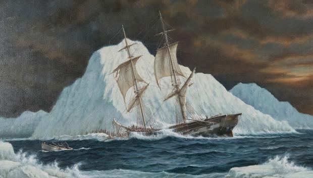 Pintura del naufragio del bergantín irlandés 'Hannah' chocando contra un iceberg en abril de 1849