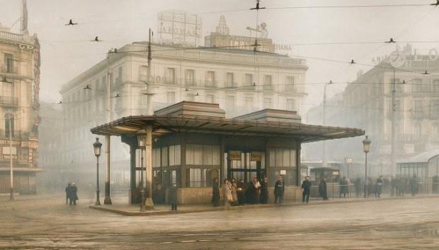 La Puerta del Sol con el desaparecido templete de Antonio Palacios que permitía acceder al metro