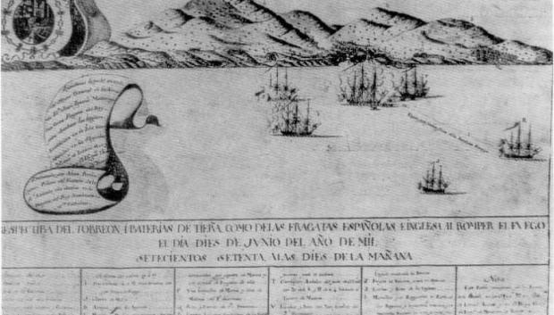 Batalla de las Malvinas entre las fuerzas al mando de Juan Ignacio de Madariaga Aróstegui y las inglesas en junio de 1770. Grabado de la época