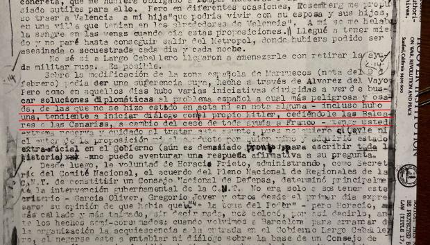 La carta de la ministra Federica Montseny donde revela la propuesta de cesión de territorio. 1950. Achivo Burnett Bolloten.